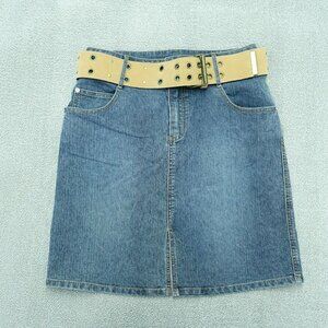 La Blues Belted Denim Skirt Women Size 10 Brown Blue Knee Length